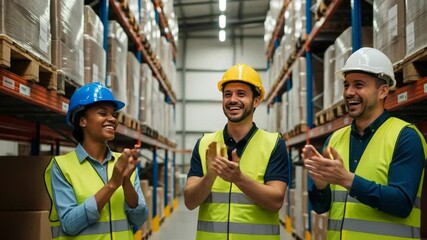 Diverse warehouse workers in safety vests and hard hats clapping - Powered by Adobe