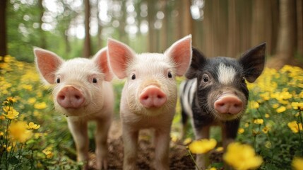 close-up portrait of three little pigs standing in a forest filled with yellow blooms, bokeh trees in background, soft natural lighting