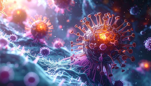 Microscopic view of vibrant, spiky viral structures with glowing orange centers, surrounded by blue filaments