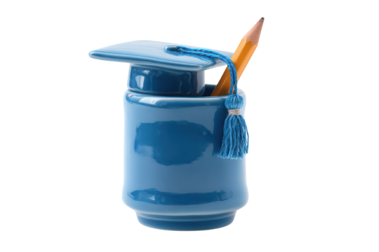 Blue Graduation Cap Jar with Orange Pencil ceramic isolated on a transparent background