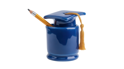Blue Graduation Cap Jar with Yellow Tassel and Pencil isolated on a transparent background
