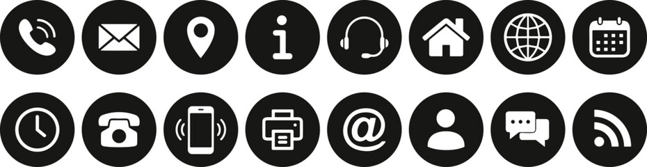 Communication and information icons vector illustration set featuring phone, email, location, calendar, clock, chat, RSS, internet, user