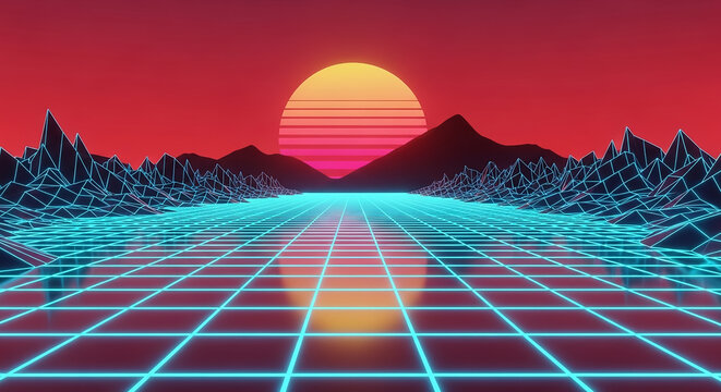 Retro digital grid road to synthwave sunset