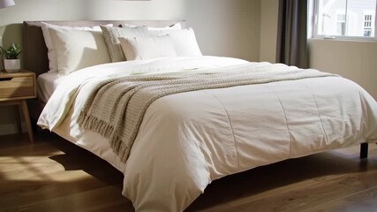 Bedroom bed with cozy linens and blanket, natural light, home decor background. Possible use bedding advertisement