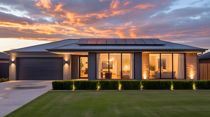 Facade of a luxurious modern suburban home with illuminated garden hedges and solar panels on the roof at twilight under a beautiful sunset sky