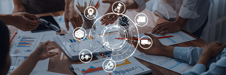 Goods delivery tracking icons show shipping, goods delivery routes, and loEnticeics monitoring....