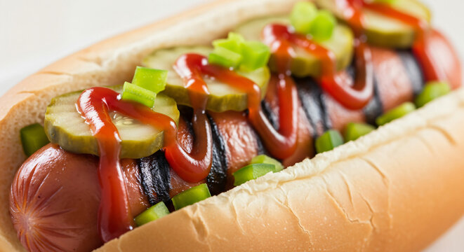 Enjoying a classic hot dog topped with fresh vegetables and ketchup on National Fast Food Day