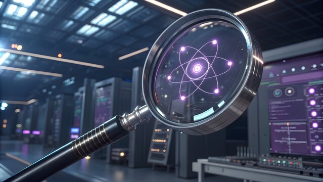 A magnifying glass focuses on an atom model in a hightech server room, symbolizing data analysis, scientific research, and technological advancement - Powered by Adobe