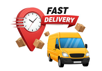 Vibrant illustration of a fast delivery service, showcasing a yellow courier van, flying cardboard boxes, and a location pin with a clock, all emphasizing speedy logistics and e-commerce, isolated on 