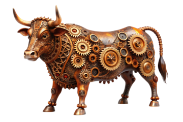 Steampunk bull sculpture, with intricate gears and metallic details, cutout, PNG, isolated on white or transparent background, AI