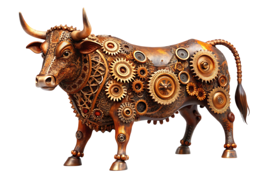 Steampunk bull sculpture, with intricate gears and metallic details, cutout, PNG, isolated on white or transparent background, AI