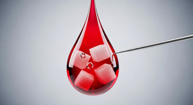 Blood drop containing sugar cubes and medical needle