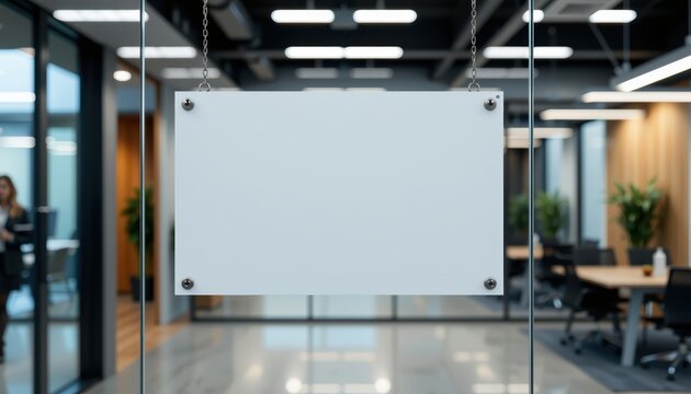 Blank sign in a modern office environment with glass walls and greenery.