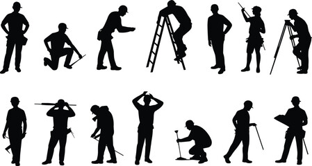 Obraz premium Silhouettes of Surveyors Using Equipment in Various Poses for Land Measurement, Engineering, Construction, and Outdoor Mapping Activities