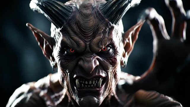 Fiendish creature stares menacingly with red eyes and outstretched hand against dark background for fantasy visuals