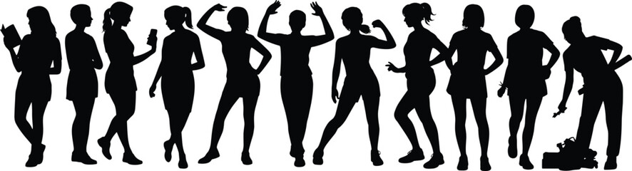 Silhouettes of Women in Varied Gestures and Activities Including Reading, Dancing, Stretching, and Holding Objects for Lifestyle Illustration