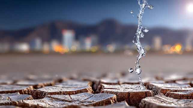 A droplet of water springs from cracked earth, symbolizing drought and water scarcity in urban settings.