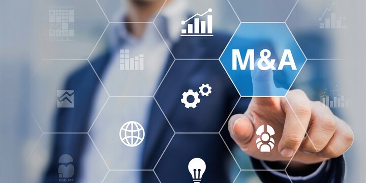 Man touching m and a icon on virtual screen, mergers and acquisitions concept