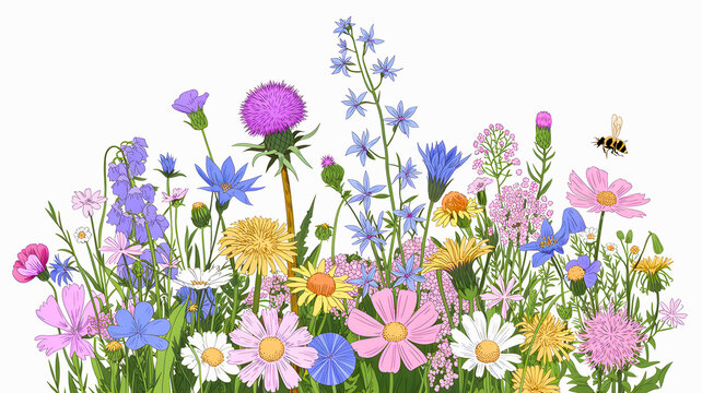 A vibrant and diverse collection of colorful wildflowers blooming in a lush meadow, attracting a busy bee, perfect for nature-inspired designs and spring themes