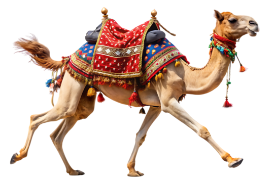 Camel, with ornate saddle and colorful tassels in motion, cutout, PNG, isolated on white or transparent background, AI