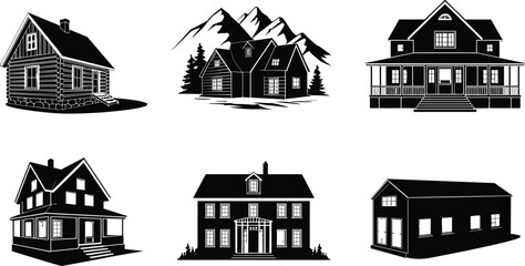 Stylized house silhouettes showcasing diverse architectural styles, residential building designs for real estate, construction, urban planning, and home illustration themes