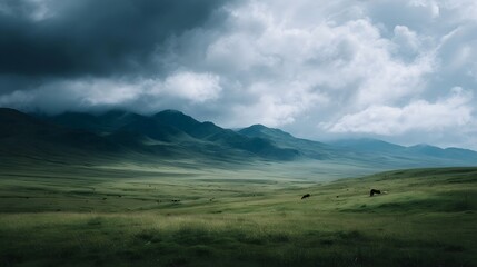 Vast green grassland with rolling hills and distant mountains under dramatic clouds featuring grazing horses