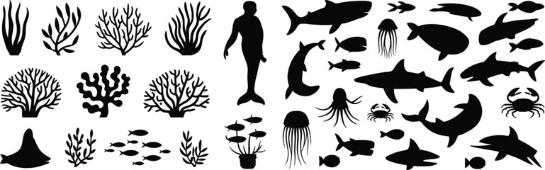 Underwater marine life silhouettes including fish, sharks, seaweed, jellyfish, coral, and mermaid, vector illustration for ocean design themes