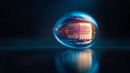 A futuristic microprocessor inside a glass-like sphere on a reflective surface, surrounded by ambient blue light.