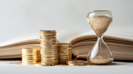 A still life of stacked coins next to an hourglass and an open book on a white surface background