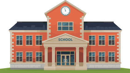 Traditional red brick school building with clock tower, columned entrance, symmetrical wings, windows, and green lawn in vector illustration