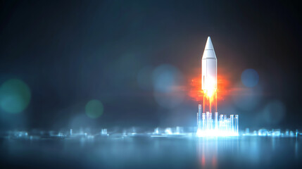 A futuristic rocket preparing for launch against a dark background, with bright flames and glowing effects.