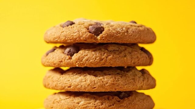 A close-up of a stack of four fresh-baked cookies with chocolate chips, against a yellow background