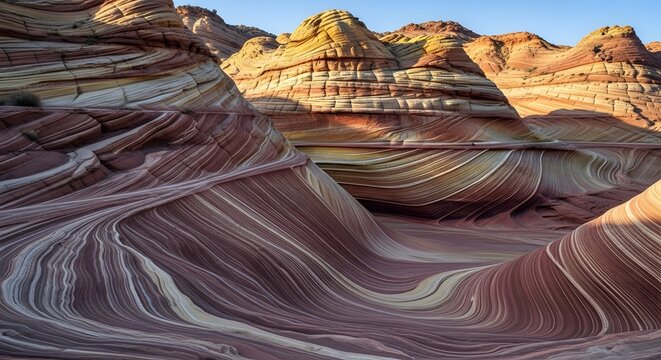 A stunning photograph of natural rock cliffs shaped by time and erosion, vibrant multicolored layers, artistic textures, balanced light, realistic tones, crystal-clear atmosphere, no noise, no glare, 