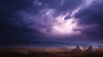 Dramatic lightning flashes illuminate the dark turbulent purple sky above a vast arid landscape dotted with numerous nomadic tents