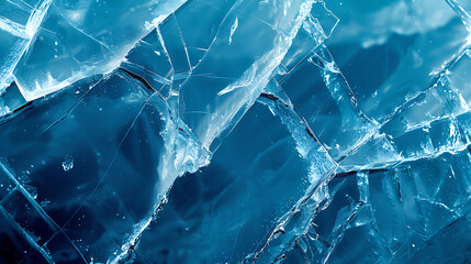 Abstract close up of deep blue ice formations with intricate crystalline structures and light reflections