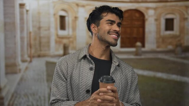 Young hispanic man holds coffee cup with both hands in front of aged university building; happiness.