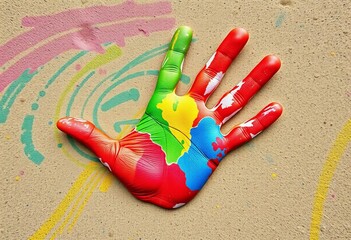 Vibrant, multicolored handprint on textured surface,  finger painting,  child
