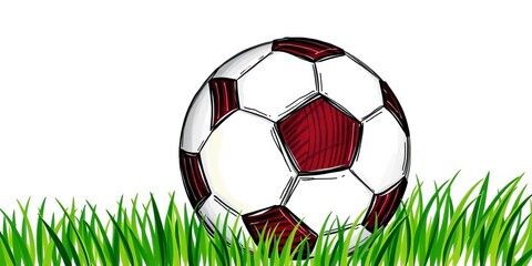 Whimsical hand-drawn soccer ball with stars & stripes, grass texture,  game,   drawing