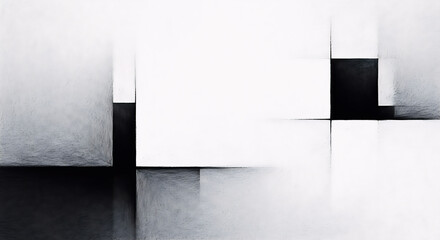 A stark, minimalist abstract background composed of intersecting white and black planes and cubes with subtle texture and shading, creating a geometric composition.