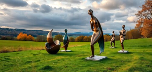 Abstract bronze sculptures arranged in a Romanian landscape,   nature,  modern