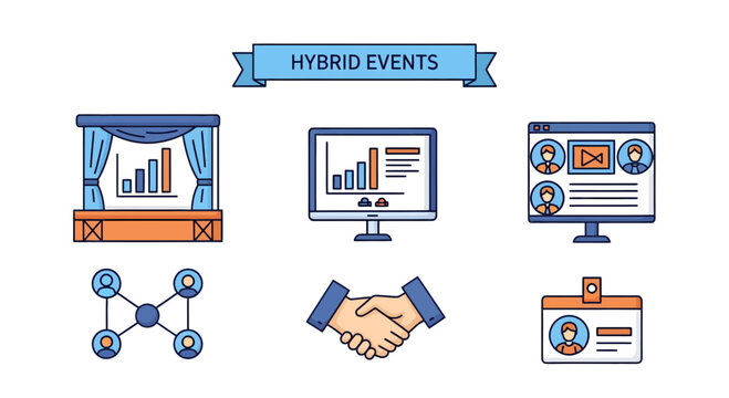 Hybrid events icon set illustrating online and offline conference elements