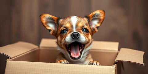 A small dog in a cardboard box, frantically barking, pet supplies, shipping