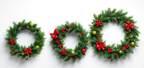 A trio of festive Christmas wreaths, varying in size and greenery,  design,  backdrop