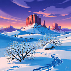 A breathtaking winter scene in a desert, featuring snow-covered ground, bare trees, and towering rock formations bathed in the warm glow of a sunset.