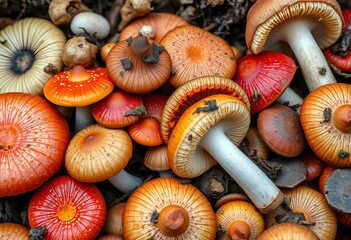 Close-up of diverse colorful mushrooms, earthy tones, various textures,  ingredient,  woodland