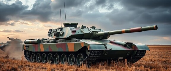 Powerful Russian main battle tank, camouflaged, in field,  vehicle,  army