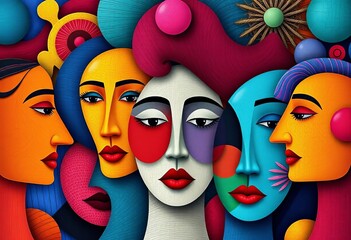 Abstract diverse faces, geometric shapes & vibrant colors, bright, brow