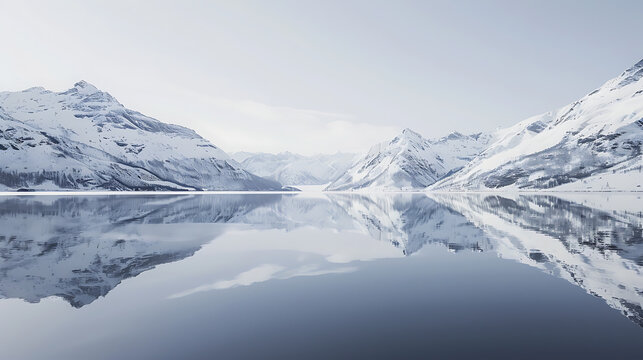 Serene winter landscape with snow covered mountains reflecting in calm glacial lake water