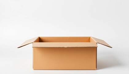 Empty tan corrugated cardboard box, flaps open, on white background, empty box, packaging