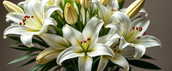 Elegant white lilies arranged in a classic bouquet,  floral,  remembrance